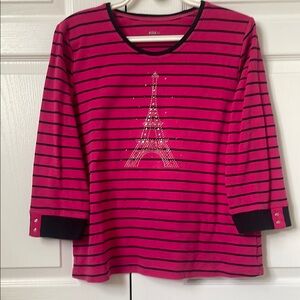 Pink Eiffel Tower Top - Black Stripes, 3/4 Sleeves, Petite Large!